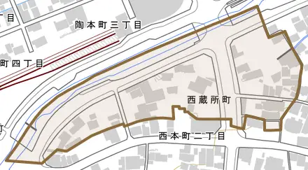 西蔵所町とその周辺の地図。町の範囲を重ねている