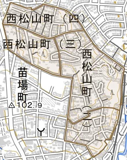 西松山町とその周辺の地図。町の範囲を重ねている