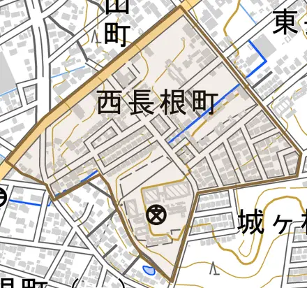西長根町とその周辺の地図。町の範囲を重ねている