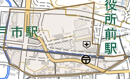 西追分町とその周辺の地図。町の範囲を重ねている
