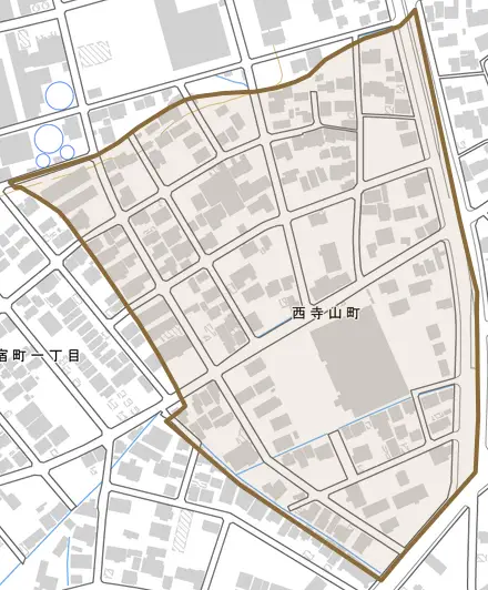 西寺山町とその周辺の地図。町の範囲を重ねている