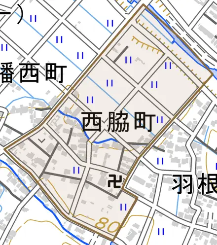 西脇町とその周辺の地図。町の範囲を重ねている