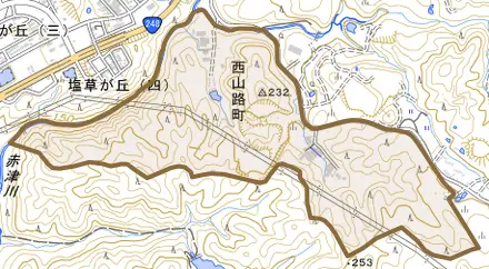 西山路町とその周辺の地図。町の範囲を重ねている