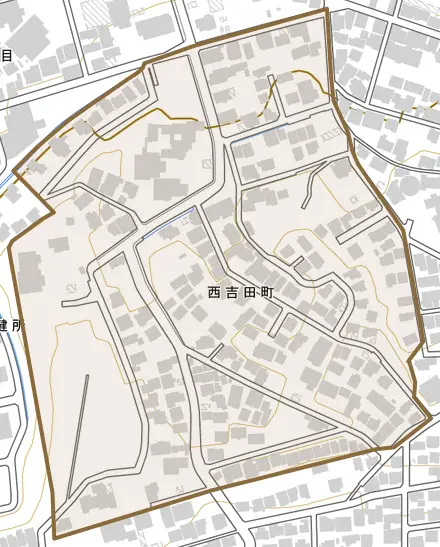 西吉田町とその周辺の地図。町の範囲を重ねている