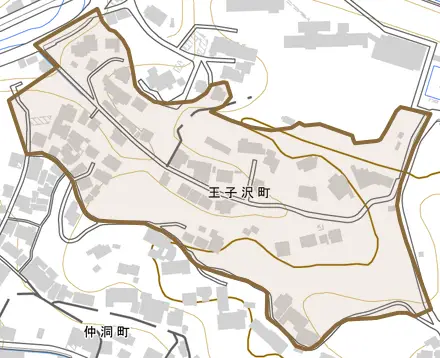 王子沢町とその周辺の地図。町の範囲を重ねている