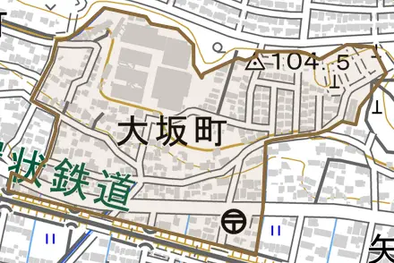 大坂町とその周辺の地図。町の範囲を重ねている