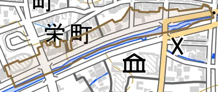 栄町とその周辺の地図。町の範囲を重ねている