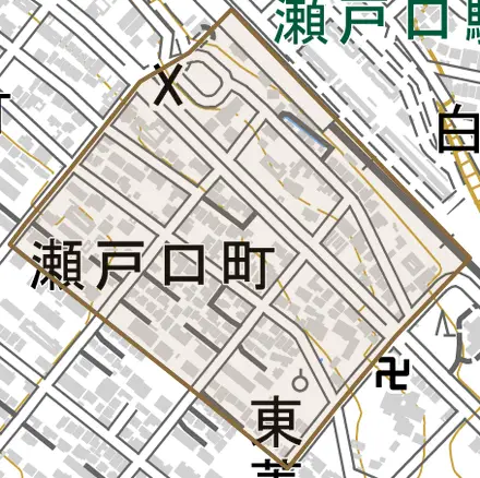 瀬戸口町とその周辺の地図。町の範囲を重ねている
