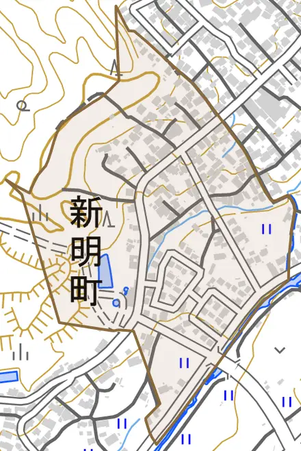 新明町とその周辺の地図。町の範囲を重ねている