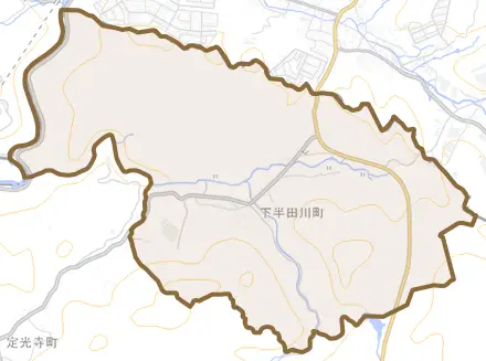下半田川町とその周辺の地図。町の範囲を重ねている