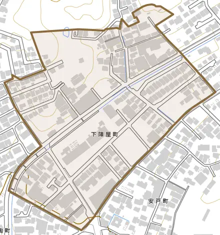 下陣屋町とその周辺の地図。町の範囲を重ねている
