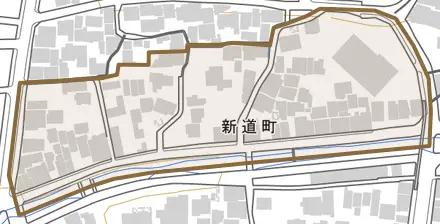 新道町とその周辺の地図。町の範囲を重ねている