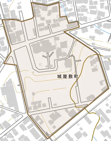 城屋敷町とその周辺の地図。町の範囲を重ねている