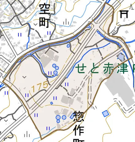 惣作町とその周辺の地図。町の範囲を重ねている