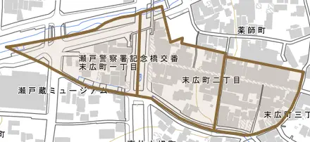 末広町とその周辺の地図。町の範囲を重ねている
