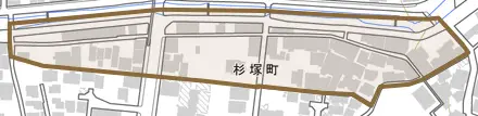 杉塚町とその周辺の地図。町の範囲を重ねている