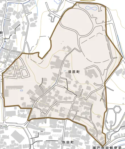 須原町とその周辺の地図。町の範囲を重ねている