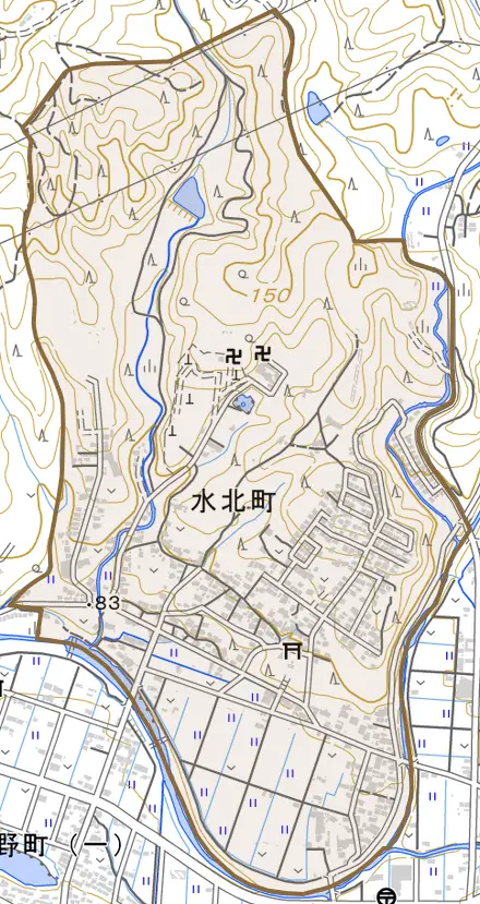 水北町とその周辺の地図。町の範囲を重ねている