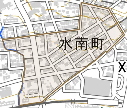 水南町とその周辺の地図。町の範囲を重ねている