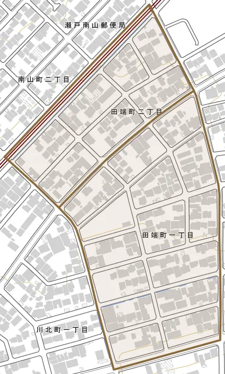 田端町とその周辺の地図。町の範囲を重ねている