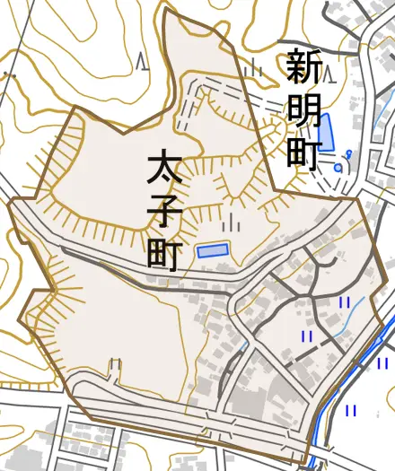 太子町とその周辺の地図。町の範囲を重ねている