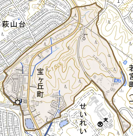 宝ケ丘町とその周辺の地図。町の範囲を重ねている