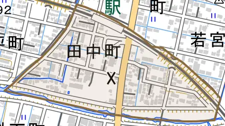 田中町とその周辺の地図。町の範囲を重ねている