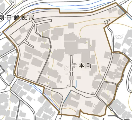寺本町とその周辺の地図。町の範囲を重ねている