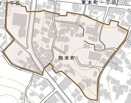 陶栄町とその周辺の地図。町の範囲を重ねている