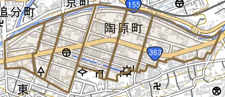 陶原町とその周辺の地図。町の範囲を重ねている