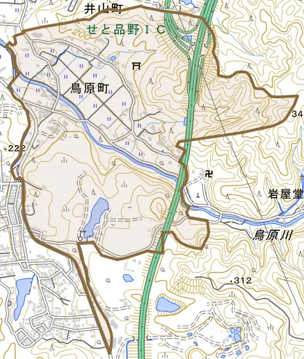 鳥原町とその周辺の地図。町の範囲を重ねている