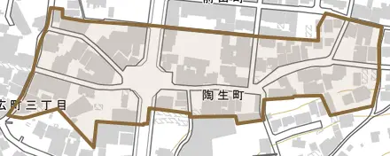 陶生町とその周辺の地図。町の範囲を重ねている