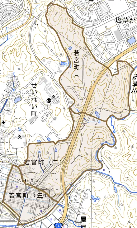若宮町とその周辺の地図。町の範囲を重ねている