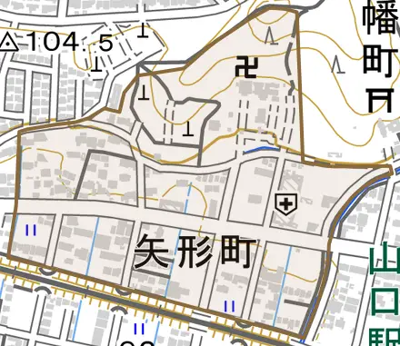 矢形町とその周辺の地図。町の範囲を重ねている