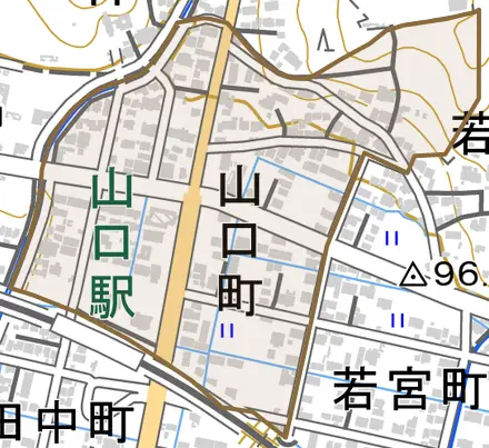 山口町とその周辺の地図。町の範囲を重ねている