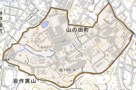 山の田町とその周辺の地図。町の範囲を重ねている