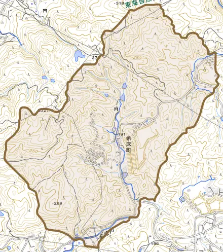 余床町とその周辺の地図。町の範囲を重ねている