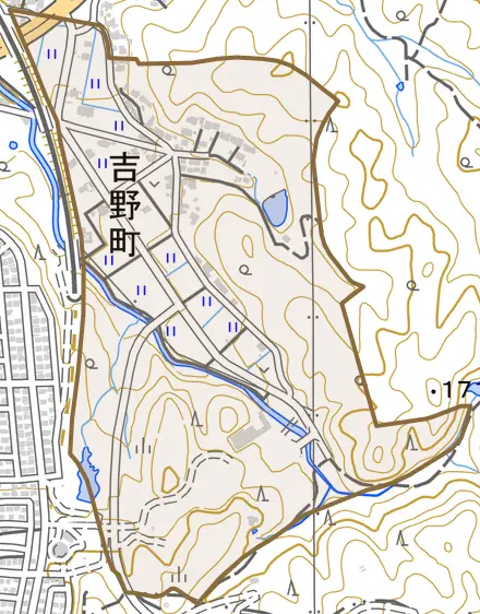 吉野町とその周辺の地図。町の範囲を重ねている