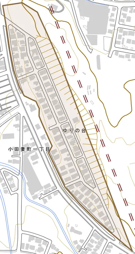 ゆりの台とその周辺の地図。町の範囲を重ねている