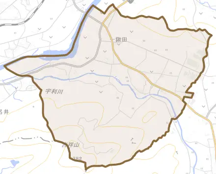 一鍬田とその周辺の地図。町の範囲を重ねている