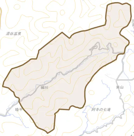 細川とその周辺の地図。町の範囲を重ねている
