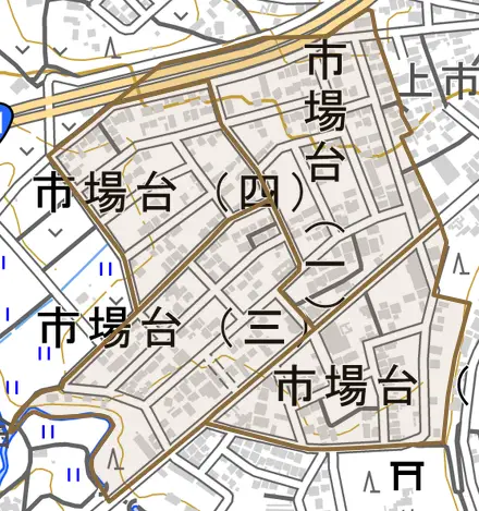 市場台とその周辺の地図。町の範囲を重ねている