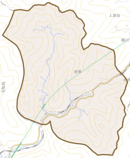 池場とその周辺の地図。町の範囲を重ねている