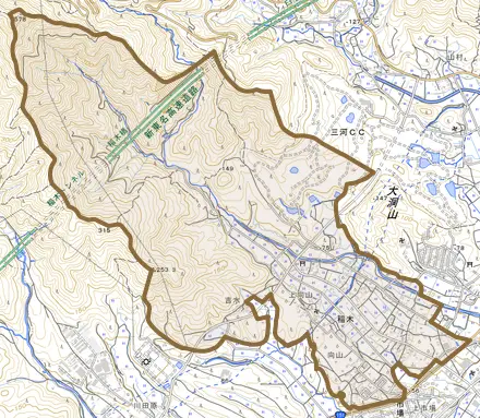 稲木とその周辺の地図。町の範囲を重ねている