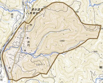 井代とその周辺の地図。町の範囲を重ねている