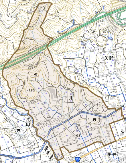 上平井とその周辺の地図。町の範囲を重ねている