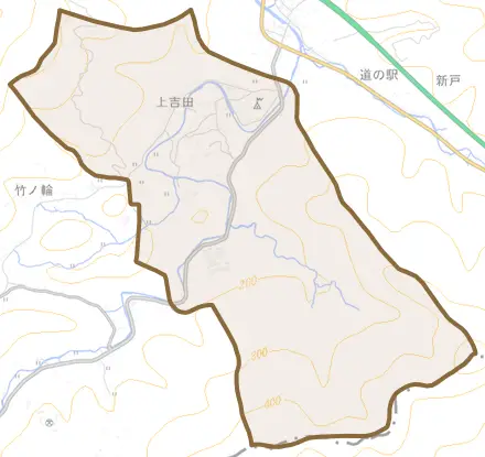 上吉田とその周辺の地図。町の範囲を重ねている