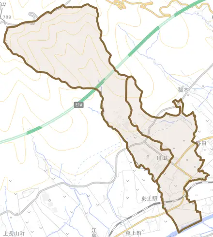 川田とその周辺の地図。町の範囲を重ねている