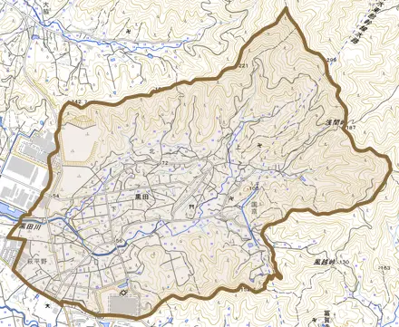 黒田とその周辺の地図。町の範囲を重ねている