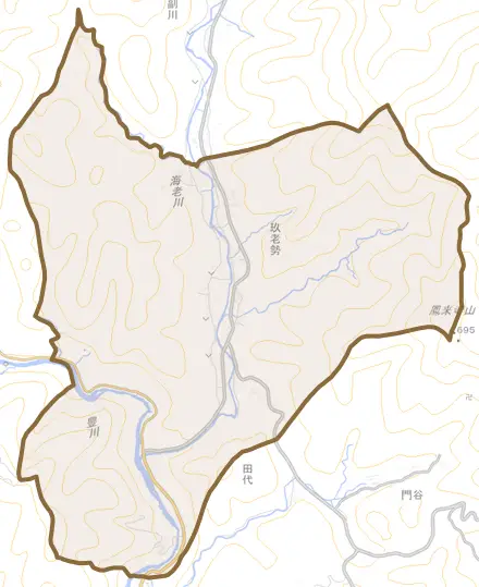 玖老勢とその周辺の地図。町の範囲を重ねている